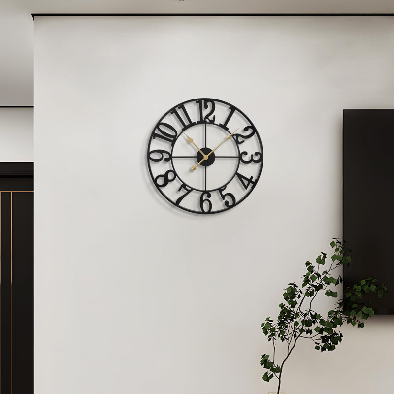 Horloge murale 16 pouces Art déco silencieuse - métal noir avec grands chiffres arabes pour la cuisine, le salon, la chambre à coucher, la salle à manger