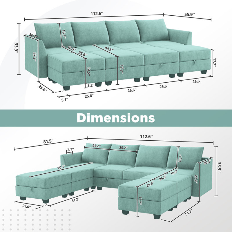 U shaped Sleeper Sectional Modular Sectional Sofa with Chaise, Blue Polyester