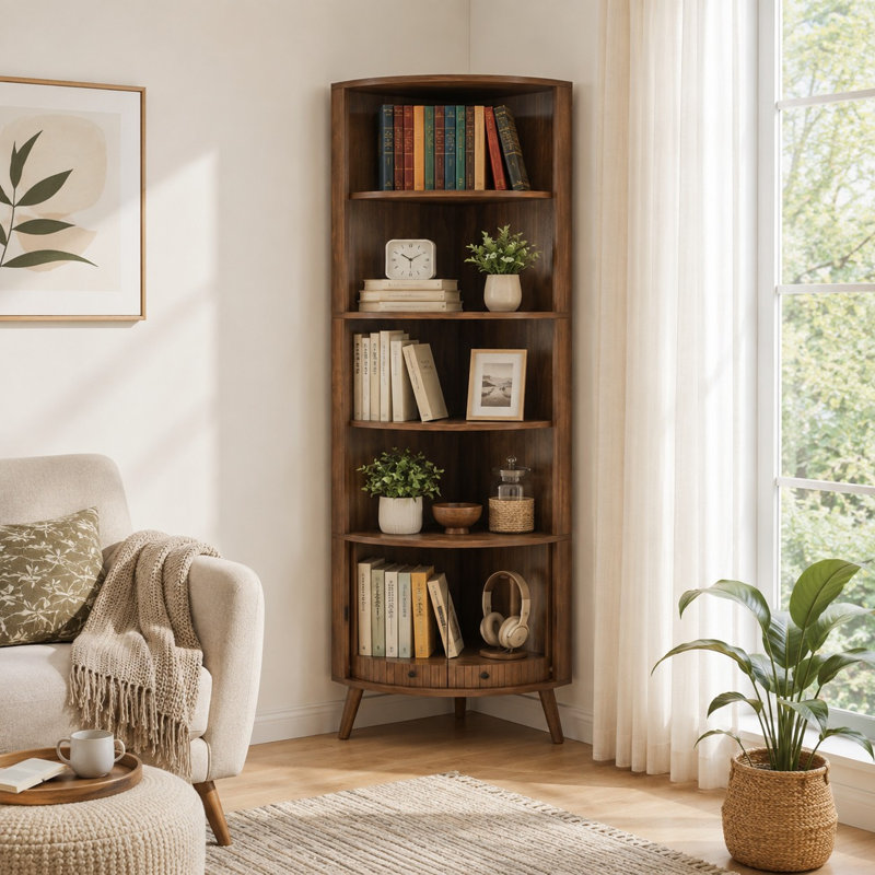 Bibliothèque de coin à 5 niveaux avec portes d'armoire