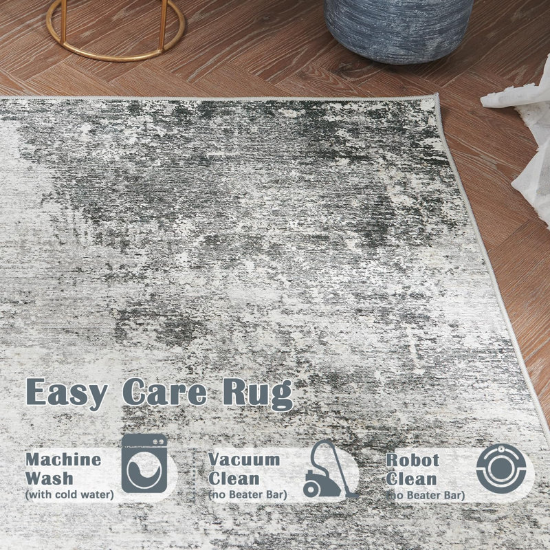 Abstract Non-Slip Machine Washable Grey Runner Rug, Runner 2' x 5'