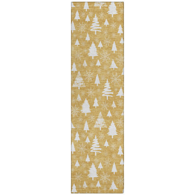 Machine Washable Indoor/Outdoor Christmas Tree Xhevrie Gold Rug