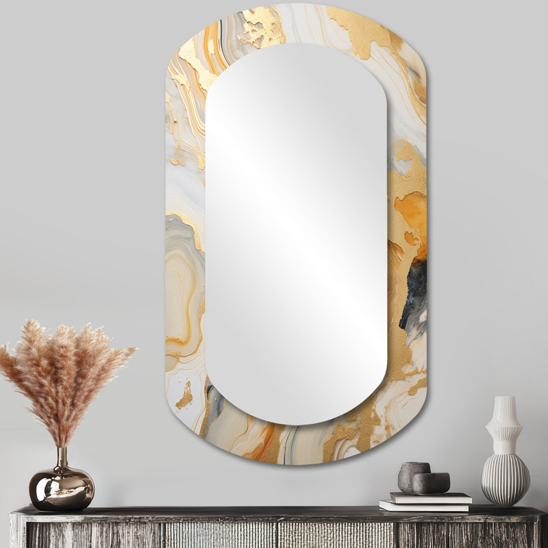 Or et blanc Marble River - miroir cylindrique en marbre, miroir mural décoratif asymétrique doré, impression d'art en métal