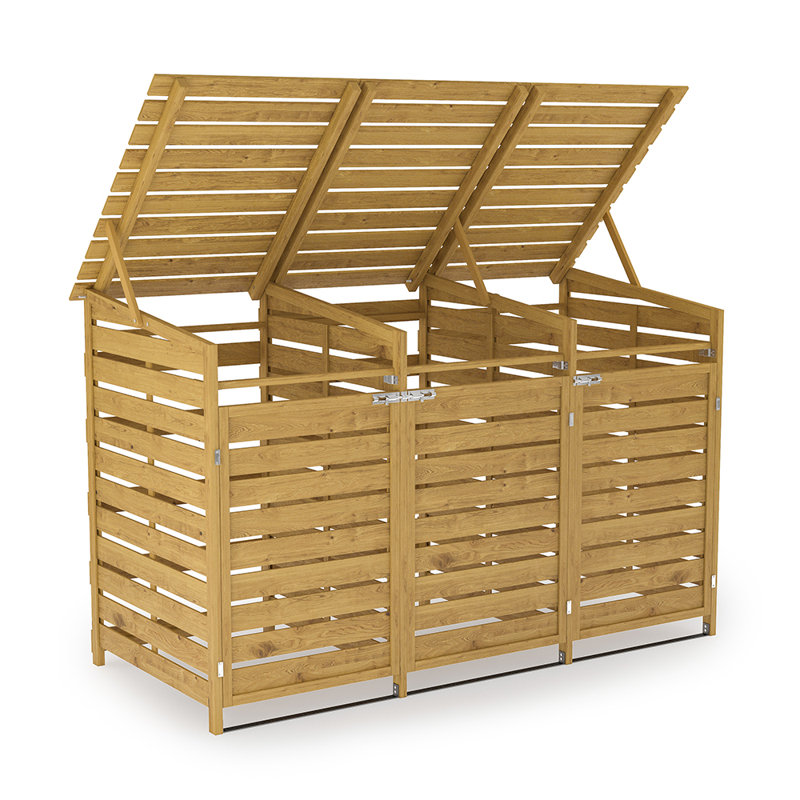 3‑Bin Fir Wood Outdoor Trash Can Storage Shed