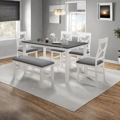 6-Piece Wood Dining Table Set Kitchen Table Set With Upholstered Bench And 4 Dining Chairs, Farmhouse Style