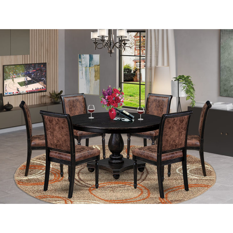 Ensemble de salle à manger 7 pièces avec 6 chaises de cuisine en polyester texturé brun, haut dossier et une table moderne au fini noir sablé.