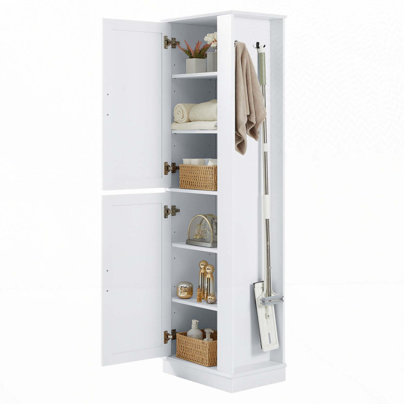 Freestanding Storage Bathroom Cabinet with Hook and Adjustable Shelf, White