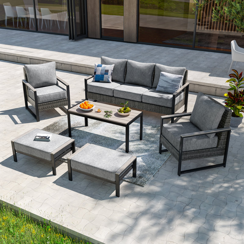 Ensemble de patio 6 pièces avec canapé 3 places, patio en rotin de polyéthylène avec coussins épais et structure robuste