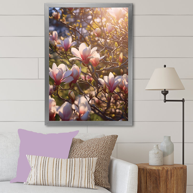 «Magnolias roses», impression sur toile, H 32 po x l 24 po x P 1 po, Cadre simple argenté