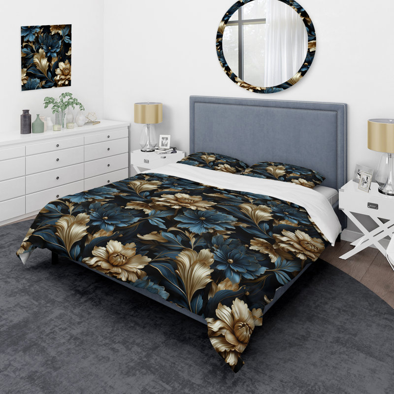 Ensemble de housse de couette damassé bleu foncé et doré Techno, Housse de couette pour grand lit et 2 taies décor