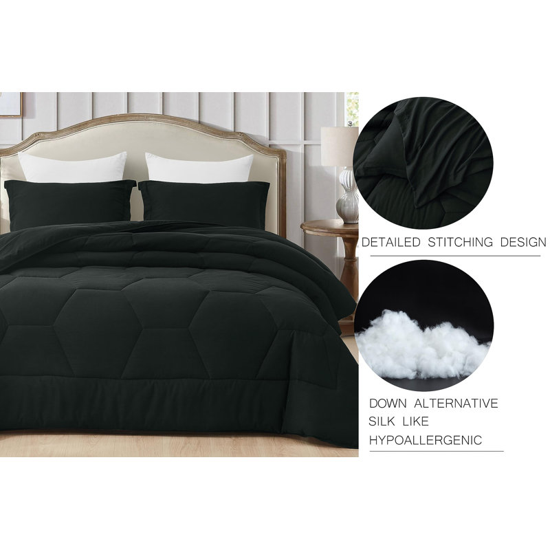 Washed Microfiber Bedding Honeycomb Comforter Set, Twin Comforter + 1 Standard Sham, Black