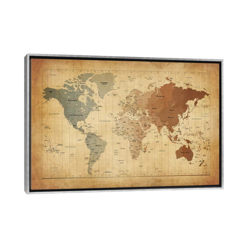 « map of the world iii » par michael tompsett-impression sur image, Toile avec cadre argenté, H 18 po x l 26 po x P 1,5 po