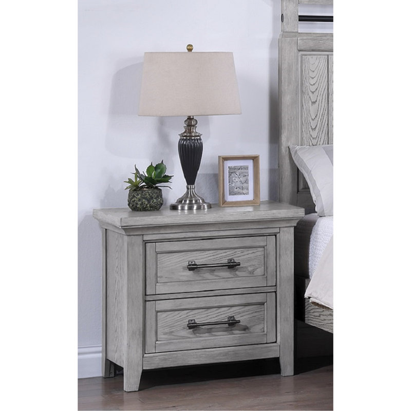 Table de chevet transitionnelle pour chambre à coucher avec finition grise et deux tiroirs - style et fabrication