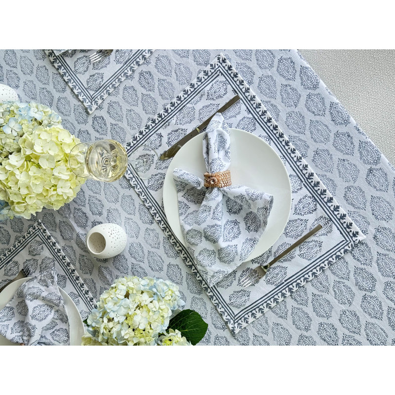 Hand Block Print Tablecloth, Gray, 90" L x 70" W