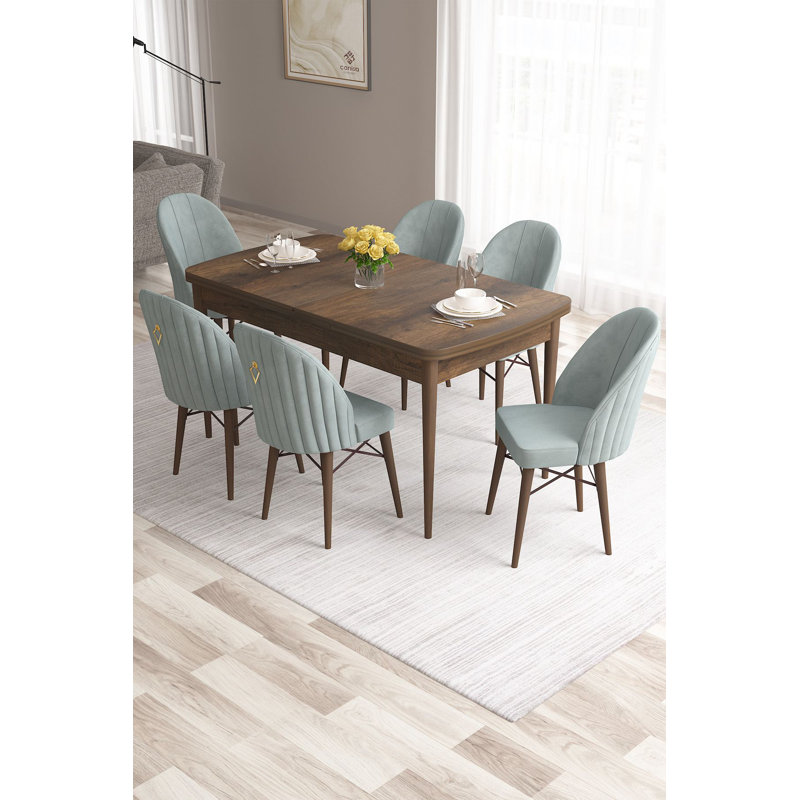 Ensemble de table et chaises de salle à manger moderne extensible (7 pièces), baroque et vert mer | 100% panneau de fibres à densité moyenne avec pieds en bois et structure en métal | Table: 51,2 po x 30,7 po x 31,5 po, chaises: 17,3 po x 37,8 po x 16,5 po | Siège confortable en mousse, design élégant