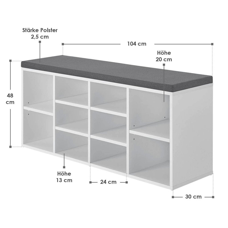 10 Pair Shoe Storage Bench, White