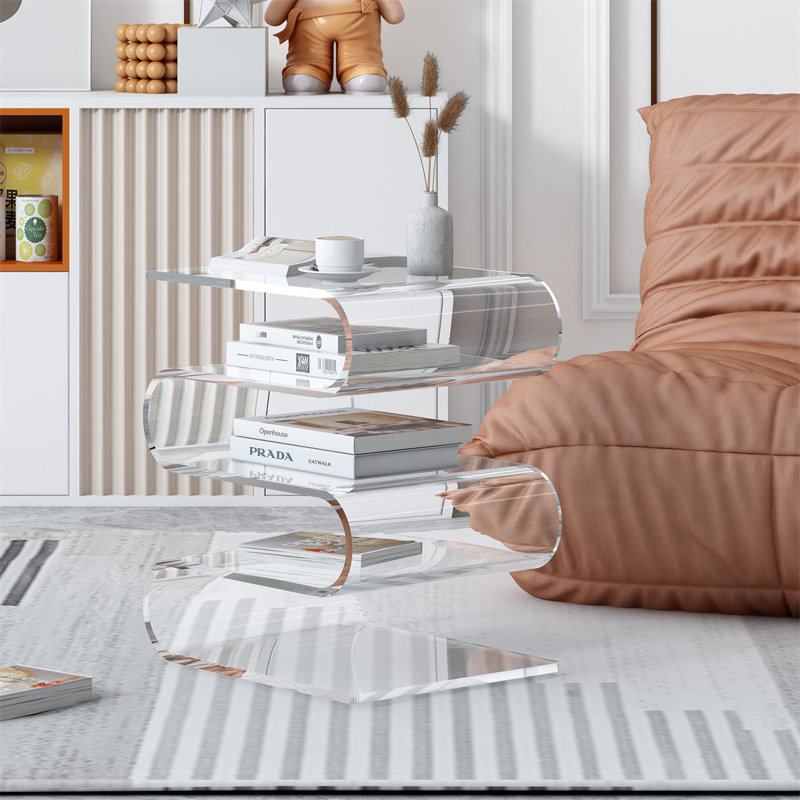 16.45" Modern Italian-Style S-Shaped Acrylic Side Table, Transparent Multi-Layer Storage Shelf for Books & Documents, 12mm Thick Acrylic Accent Table for Living Room & Bedroom