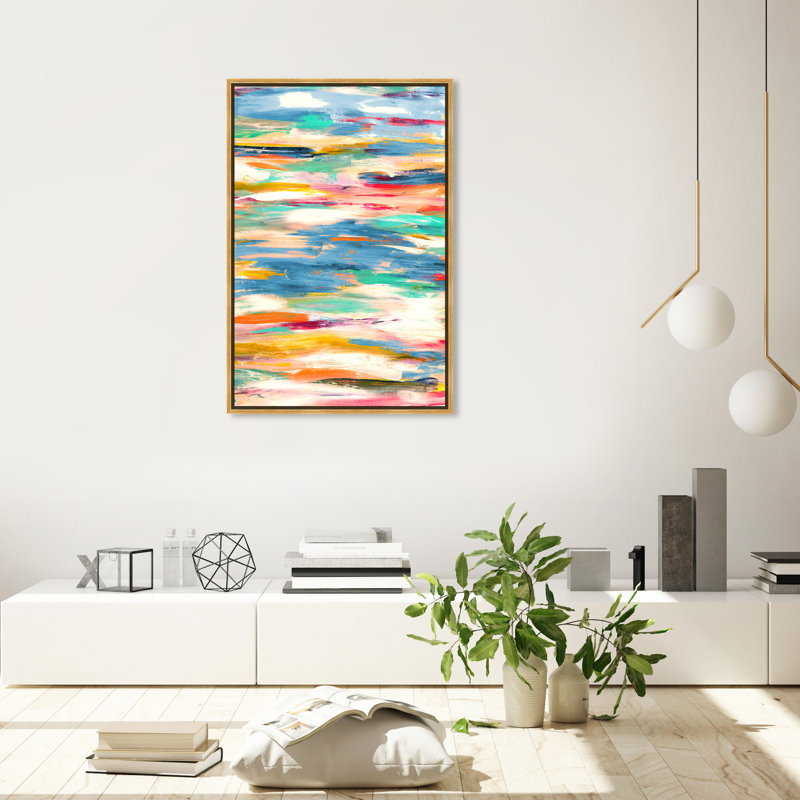 Abstrait bleu / jaune / blanc Bayou - peinture, Toile encadrée d'or, H 36 po x l 24 po