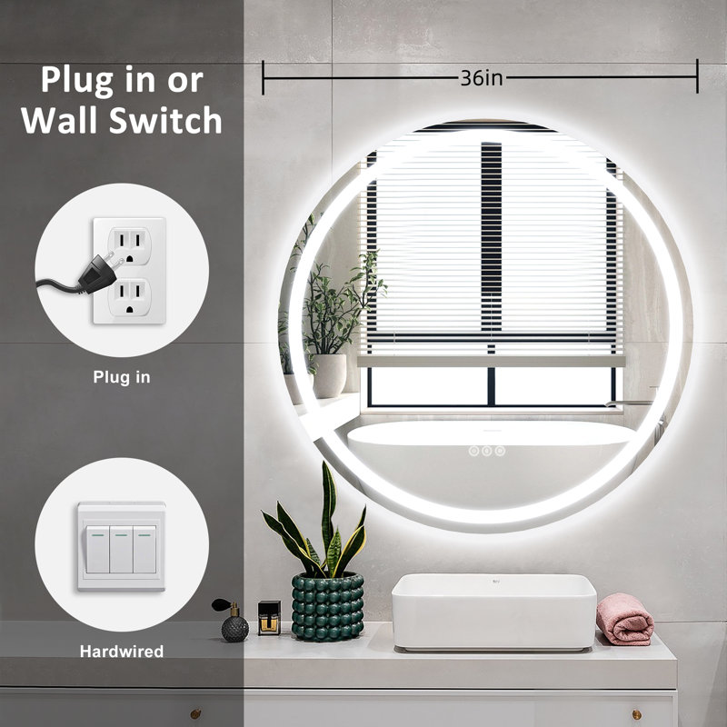 Venia Round Dimmable LED Anti-Fog Frameless Vanity Mirror, 36"H x 36"W