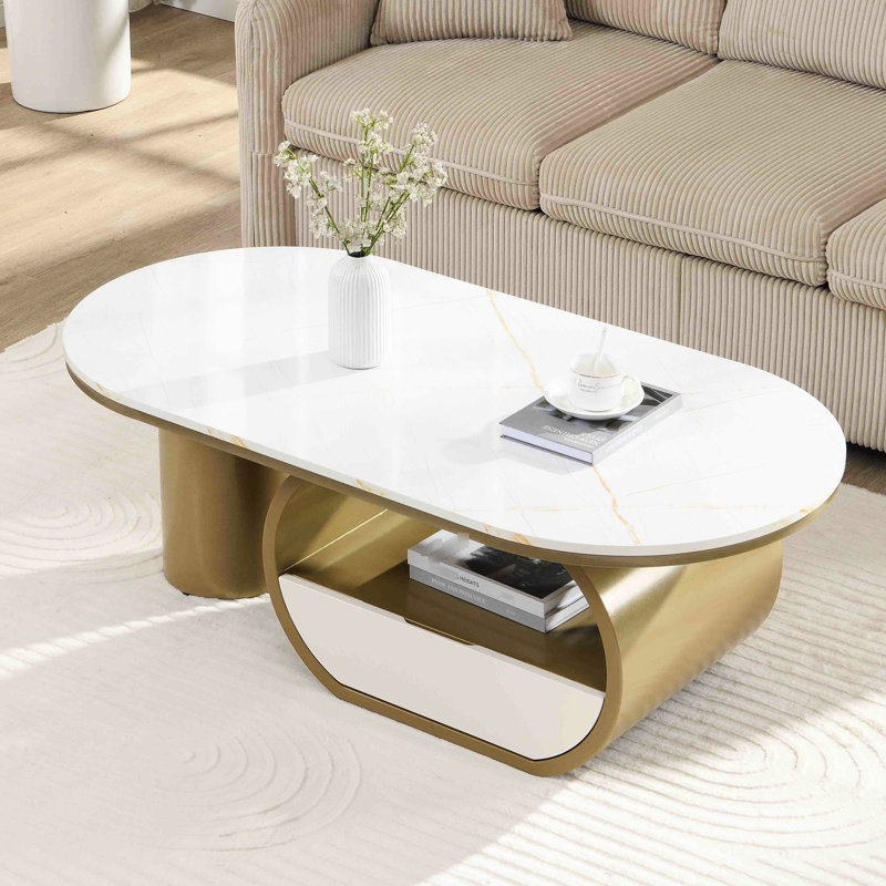 Table basse de luxe moderne 47,66 po avec tiroir de rangement, conception ovale, plateau en faux marbre, métal doré pour le salon, fabrication, pieds réglables, ensemble sécuritaire