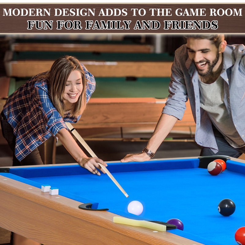 RayChee 6' Pool Table with Wood Finish, Modern Billiard Table with 2 Cues, Balls, Rack, Brush, Chalk, Leg Levelers
