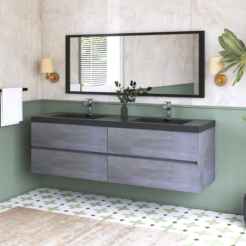 Meuble-lavabo double avec plateau en quartz 70,87 po Liudvikas