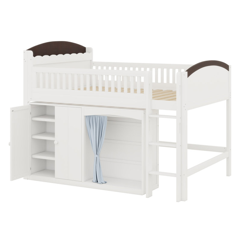 Lit mezzanine peu encombrant avec armoire intégrée et garde-robe, Blanc