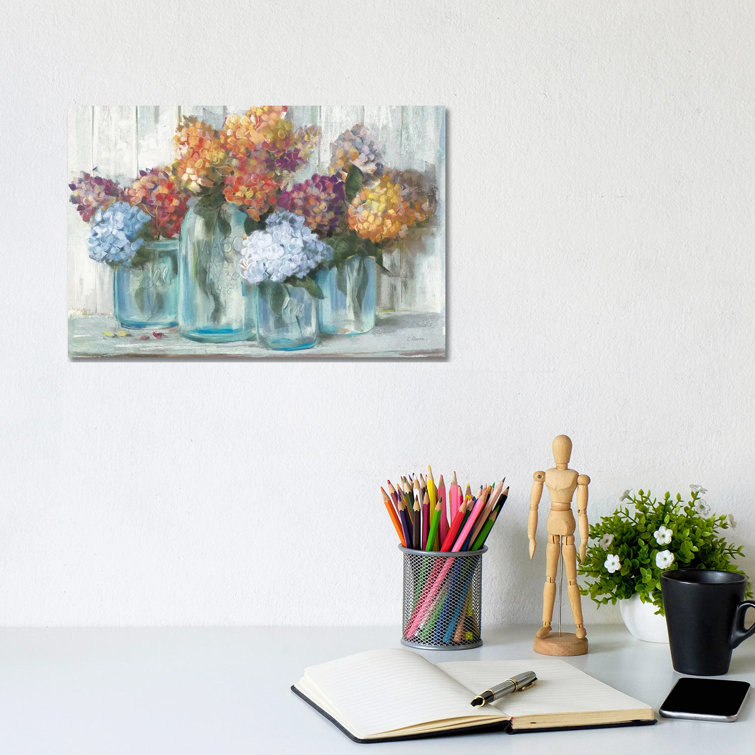 Fall Hydrangeas In Glass Jar Crop by Carol Rowan - Painting on Canvas