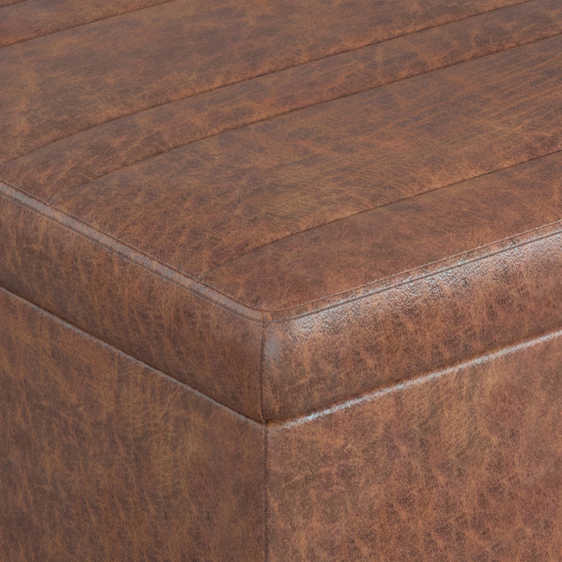 Ellis 36"W Upholstered Square Coffee Table Storage Ottoman with Split Lift Top, Distressed Saddle Brown Faux Leather