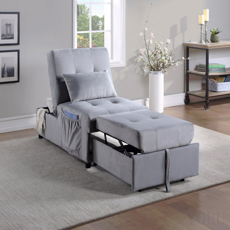 Banquette de rangement moderne avec plateau relevable et lit gigogne, 1 pièce, revêtement en velours gris capitonné, meuble en bois massif, chaise convertible