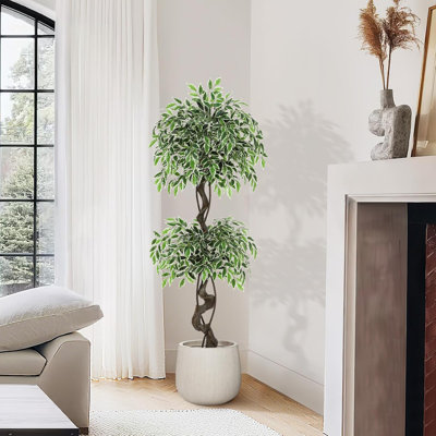 Ficus artificiel pour la décoration intérieure, arbre de faux plancher, pot de fleurs en céramique blanche, ficus artificiel d'intérieur et extérieur avec galets et mousse verte pour bureau