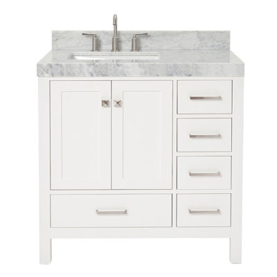 Cambridge 36'' Solid Wood Single Bathroom Vanity in White, with 2'' Carrara Marble Top, Left Offset, Rectangle Sink