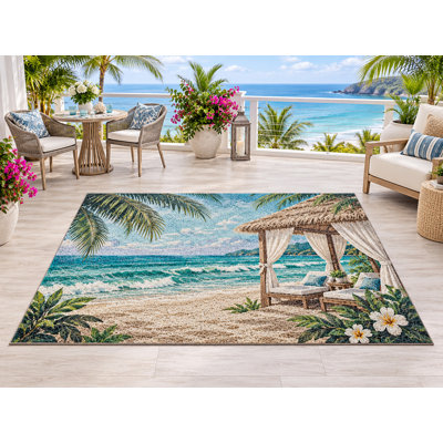 5' x 7' Outdoor Area Rug Tropical Beach Cabana Heavyweight Solid Waterproof PVC Coil Loop Carpet, Heavy Duty Patio Rug, Quick Dry Indoor Outdoor Mat for Entryway