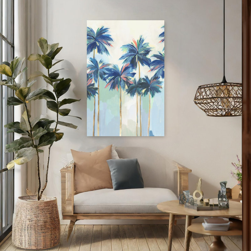 Coucher de soleil bleu sarcelle Pams II abstrait expressionniste serein palmier art tropical côtier, H 48 po x l 32 po