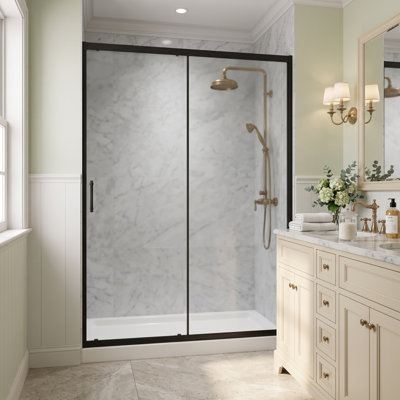 Porte de douche coulissante simple sans cadre, 152 cm (L) x 183 cm (H), verre trempé transparent de 5 mm, poignée en acier inoxydable, fini noir mat, porte coulissante pour douche à l'italienne