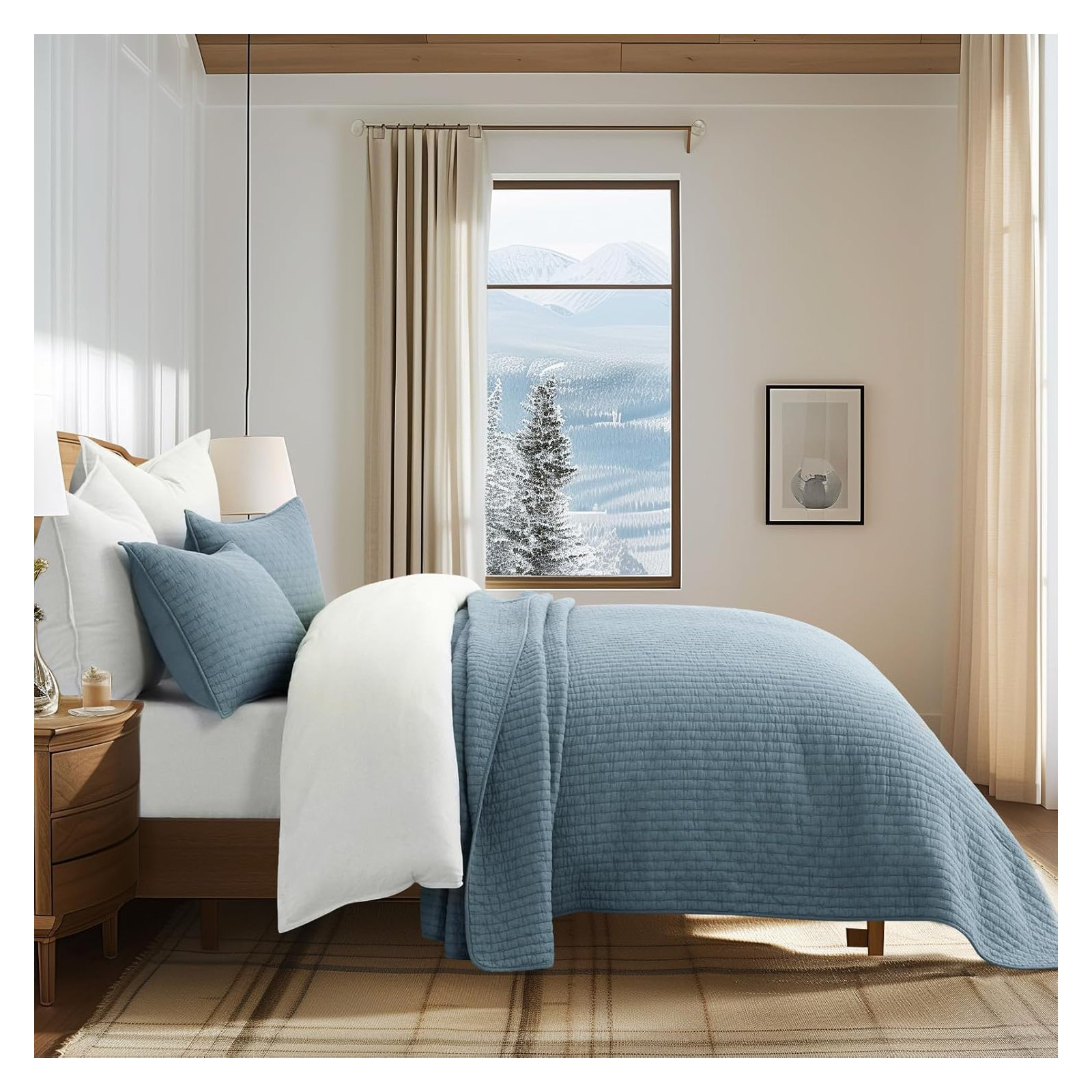 Cross Stitch Cotton Quilt set, Dusty Blue, Oversized CalKing Quilt+2Oversized Cal King Shams