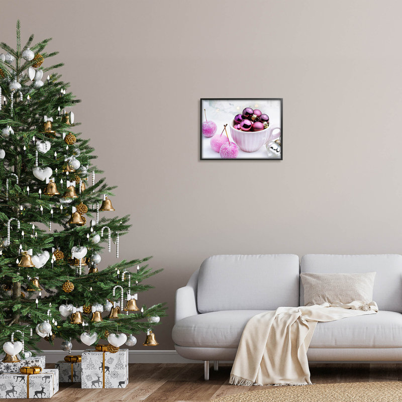 Ornements de Noël roses scintillants at-257, H 16 po x l 20 po x P 1,5 po, Giclée encadrée noir minuit