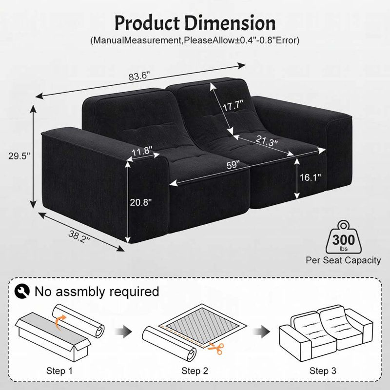83.6" Modular Sectional 3-Seater Sofa, Black