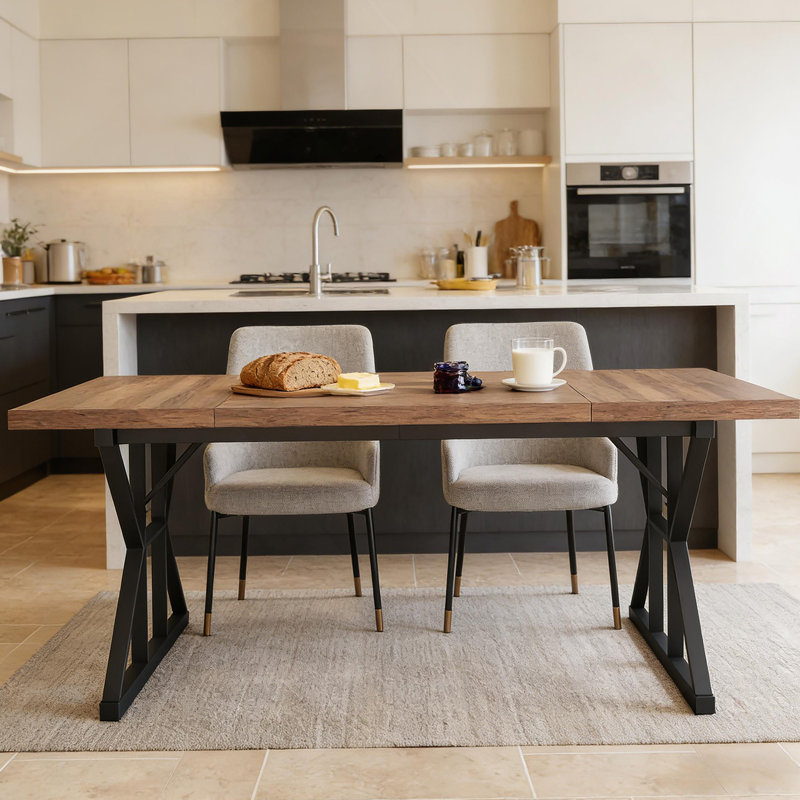 Farmhouse Dining Table, 71 Inch Wood Top, Metal Base, Bois brun, Noir