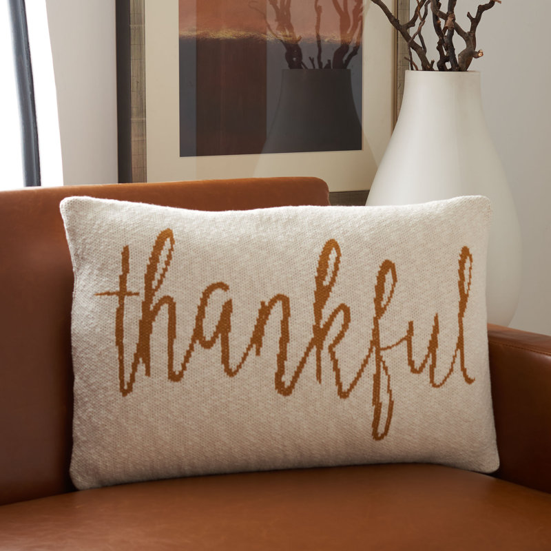Thankful Beige and Mustard Cotton Throw Pillow