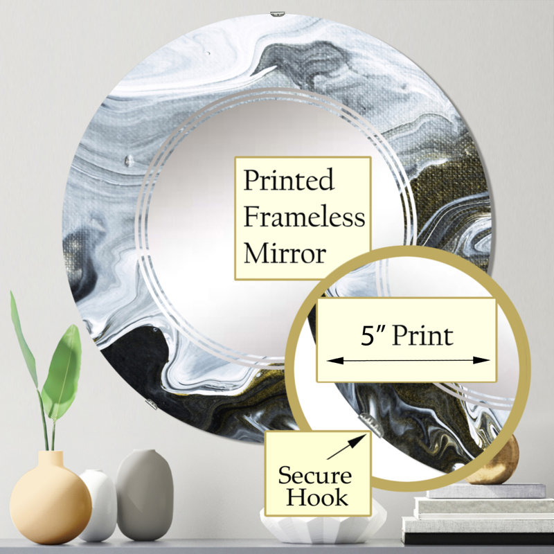 Art liquide abstrait en marbre noir et blanc - miroir mural moderne rond, 24 po x 24 po