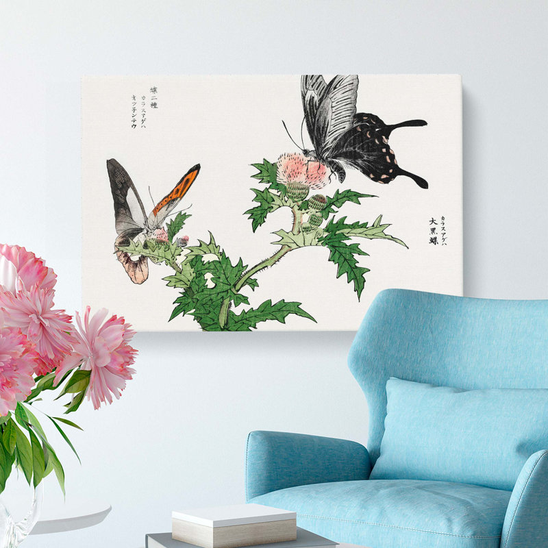 Butterflies on Pink Thistles by Morimoto Toko - Wrapped Canvas, 35cm H x 50cm W x 3cm D