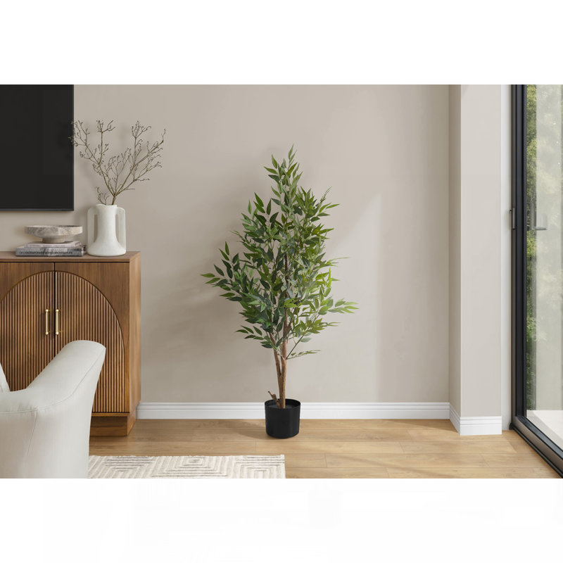 Plante artificielle, 47 po de haut, acacia, intérieur, faux, faux, plancher, verdure, pot, soie, décoratif, feuilles vertes, pot noir
