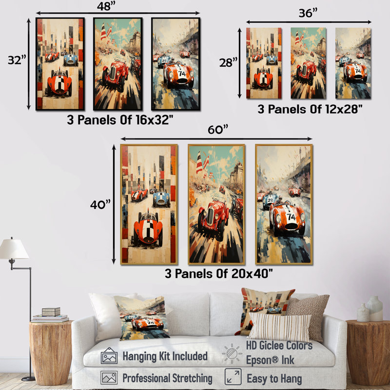 «Vintage Race Car Rally I» - ensemble de 3 reproductions d'art sur toile, Cadre flottant noir, H 32 po x l 48 po