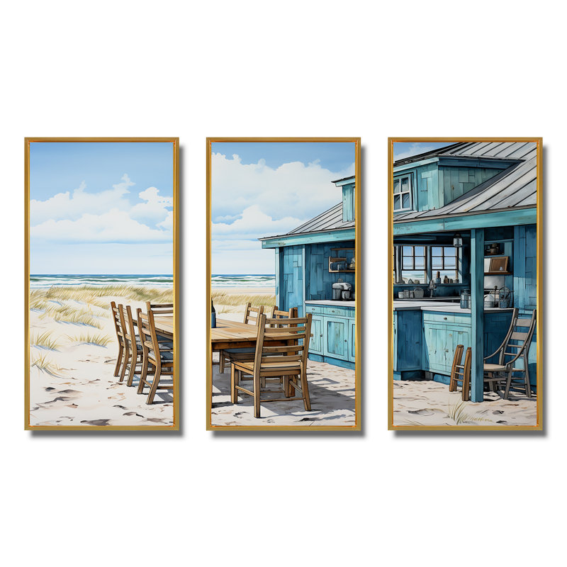 Vue sur l'océan, restaurant de plage, art mural de fenêtres côtières, Cadre flottant doré, H 40 po x l 60 po x P 1 po