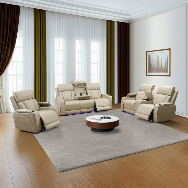 Luxury Furniture Sets Power Recliner Sofa With Ledlights,living Room Furniture/small Space/office/theaterseating, Reclining Sofa Chair With Usb Port/storageconsole/cup Holders(3 Piece Set)