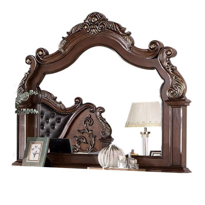 Miroir de commode Prio, cadre en bois sculpté classique, brun cerise, 59 pouces