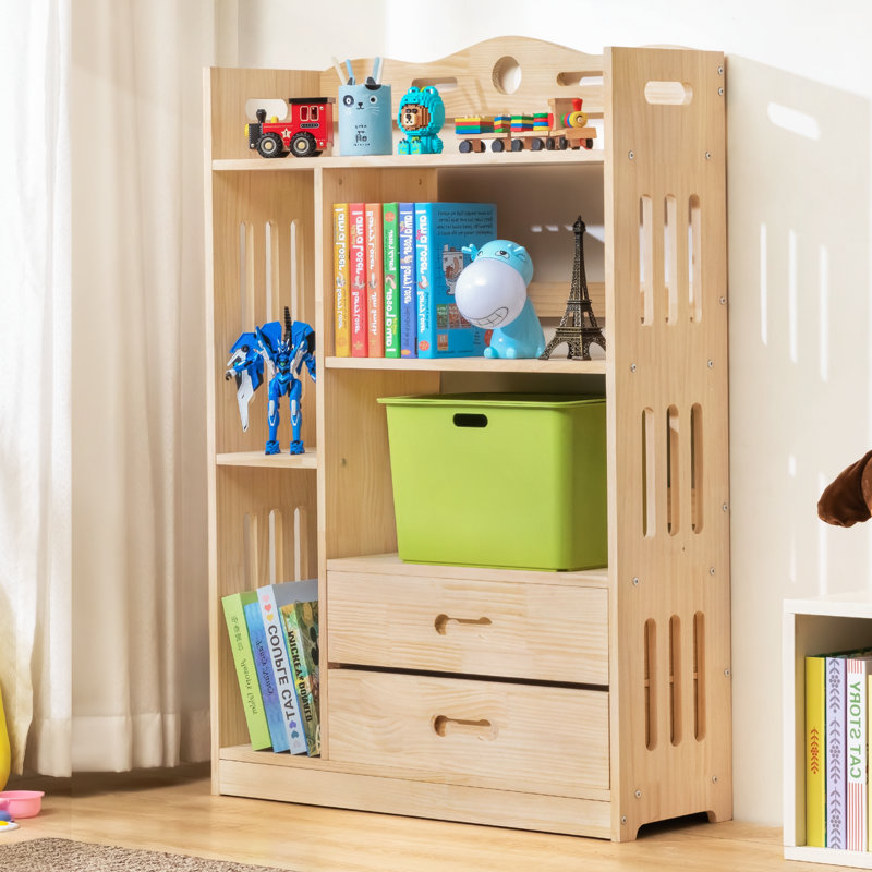 48.4" H x 33.1" W x 11" D Natural Wooden Bookcase with 2 Drawers, Display Storage Bookshelf for Living Room