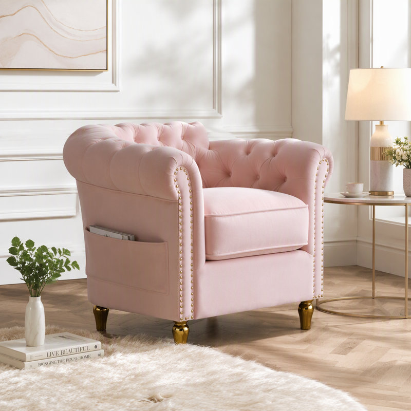 Canapé Chesterfield en velours rose, 215 cm, salon