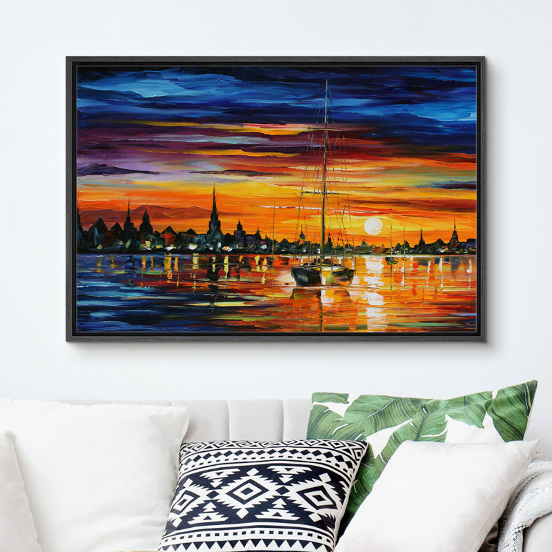 Coastal Ocean At Sunset Scenery Canvas Prints for Living Room Bedroom Decor M18, Black Floater Framed, 16" H x 24" W