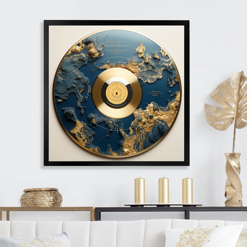 Disque vinyle doré et vert Melody III - Disques vinyle, art mural, Cadre simple noir, H 36 po x l 36 po x P 1,5 po
